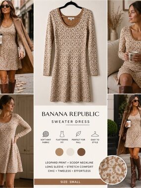 Banana Republic Sweater Dress Small Tan Cream Leopard Print Knit Flare Brunch